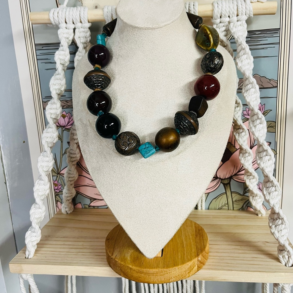 Chunky Gemstone Beaded Necklace‎ Dark Multicolor Ethnic Eclectic Boho Earthy